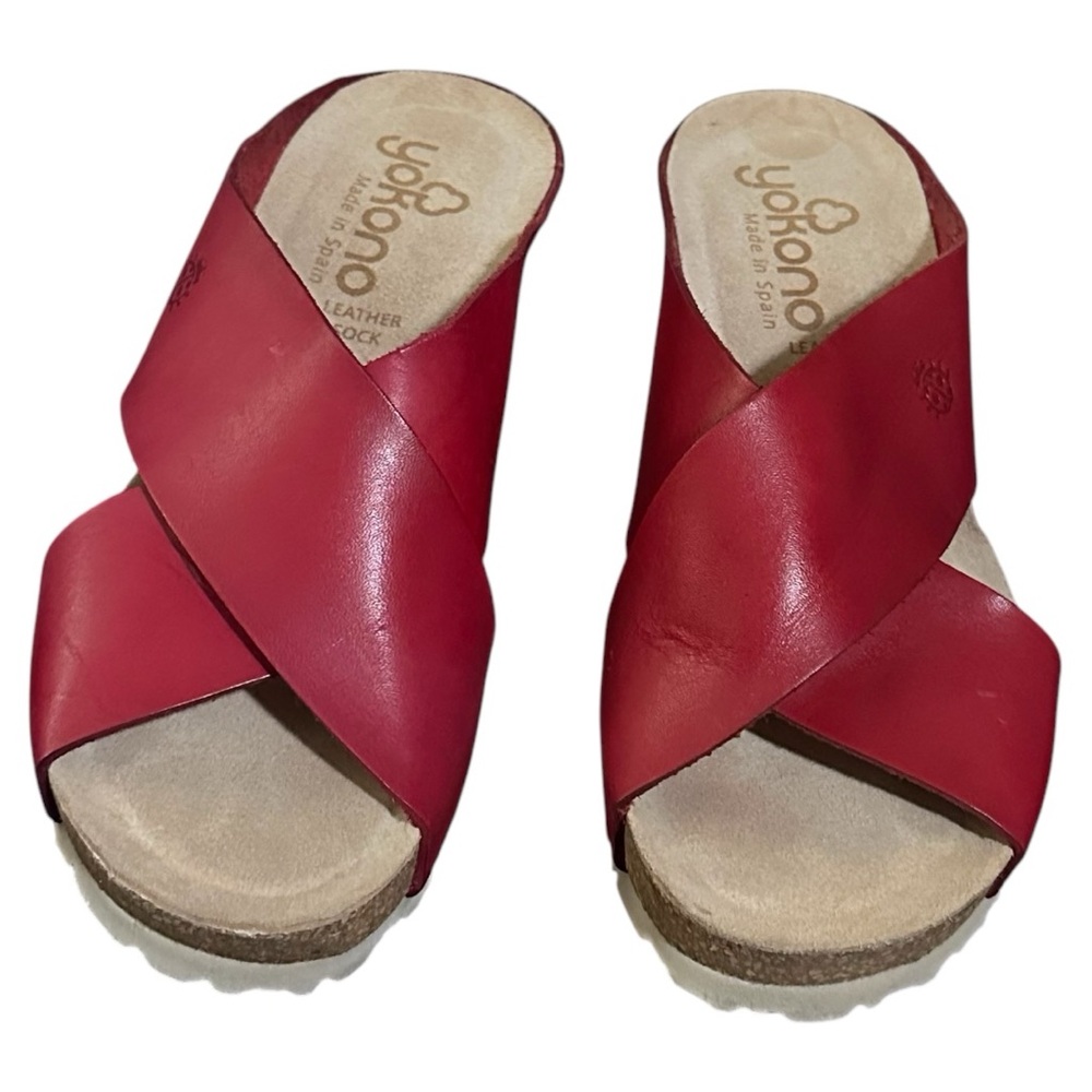 Yokono Women's Candela Wedge Slip On Sandal Slides Red Leather Size 8